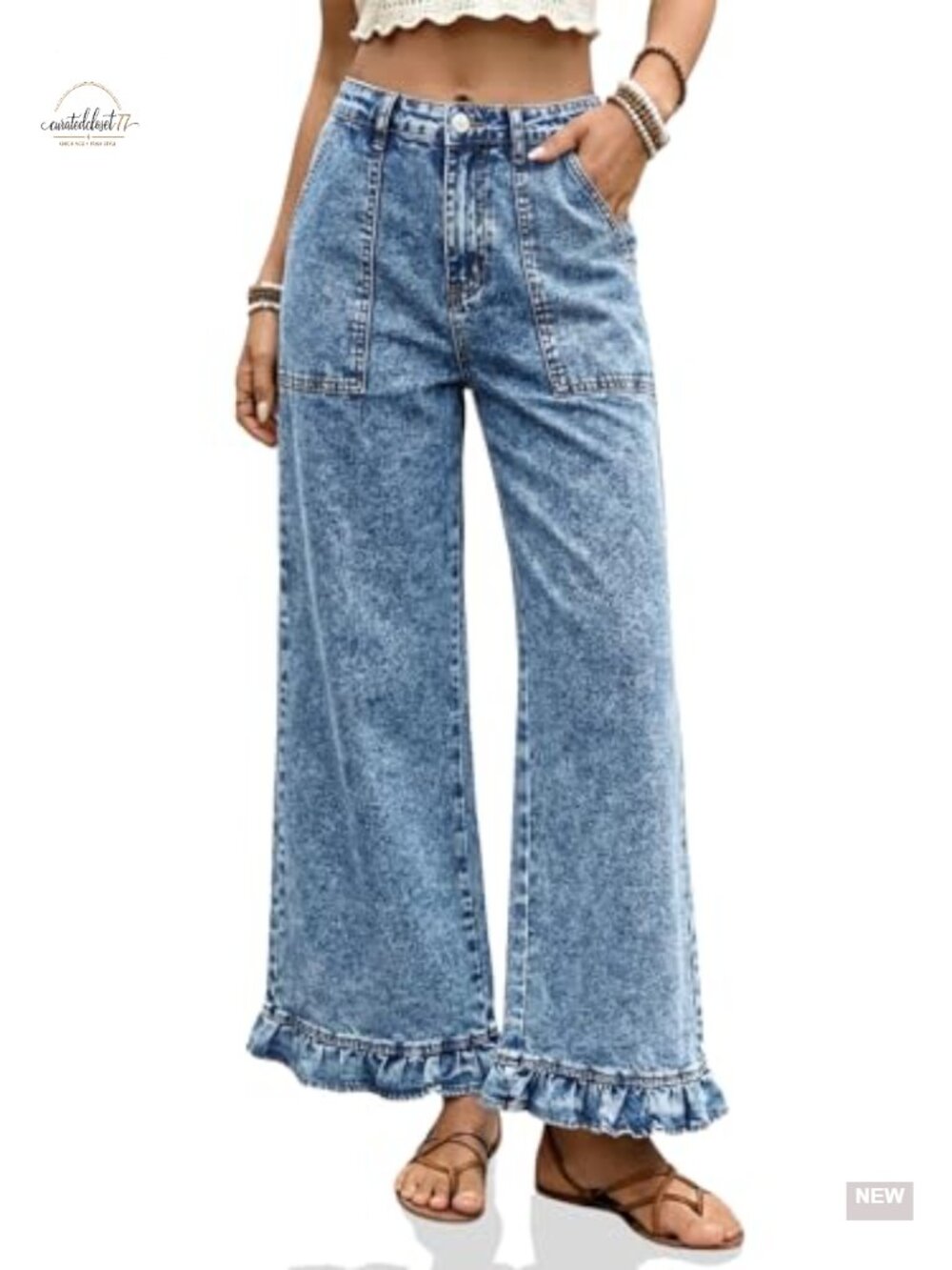 Cropped High Waisted Ruffle Hem Wide Leg Baggy Denim Jeans